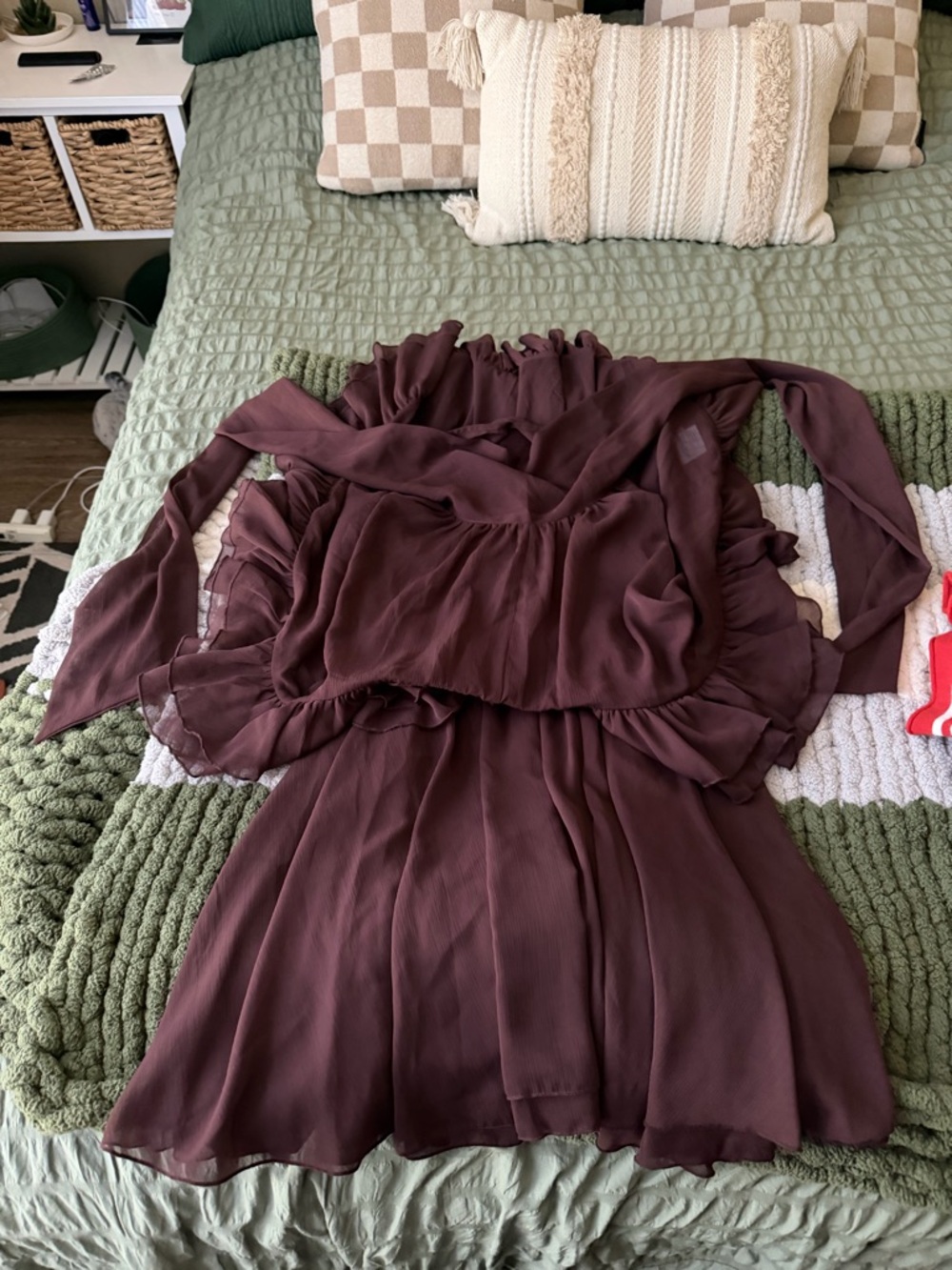 Commense Semi-Sheer Ruffle Mini Dress in Chocolate Brown - Picture 2 of 4